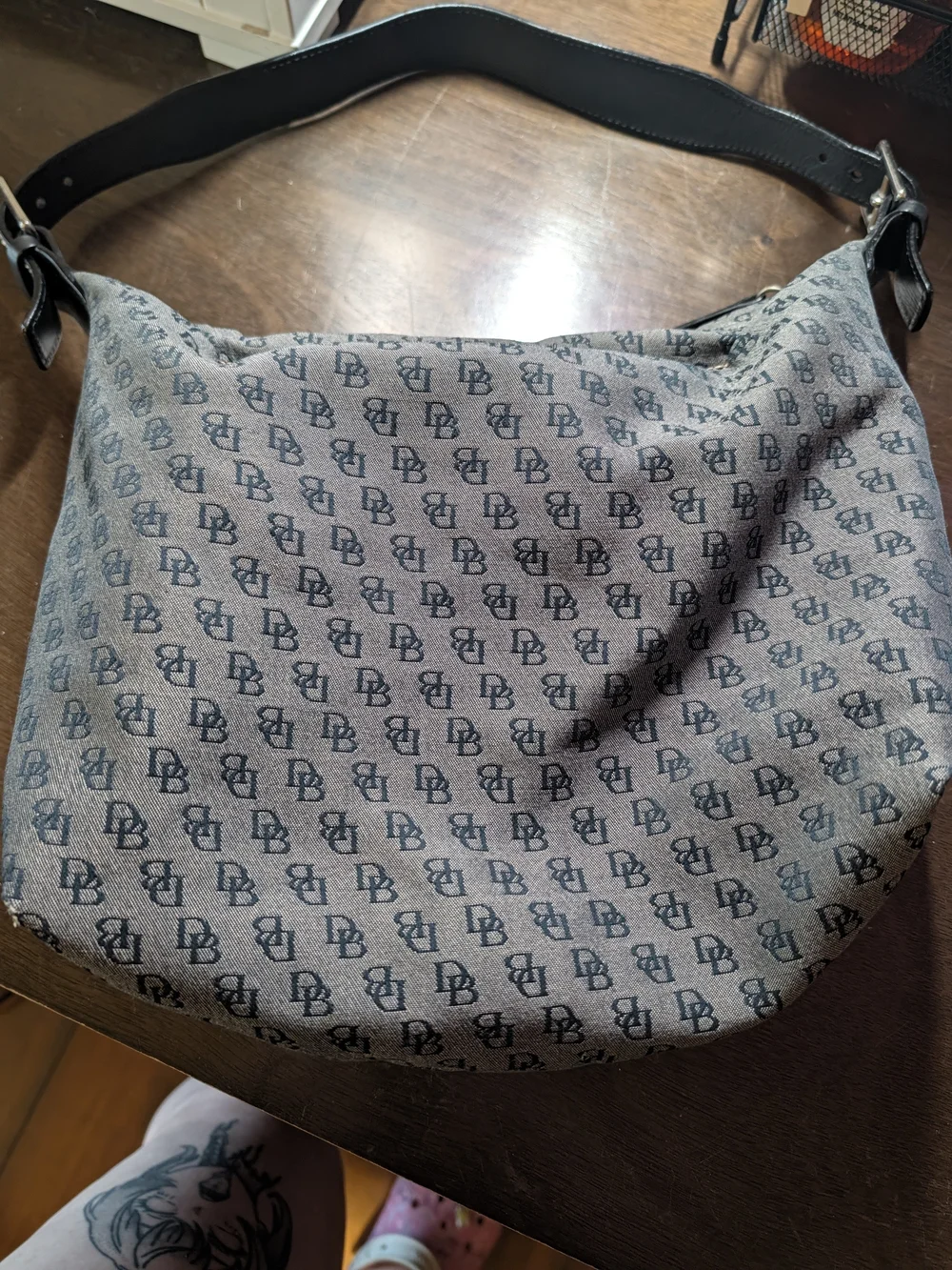 Vintage Dooney & Bourke Signature DB Monogram Canvas Hobo Shoulder Bag Greyblack